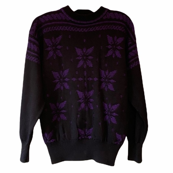 Vintage Knit Snowflake Sweater Black & Purple Med - Picture 1 of 7